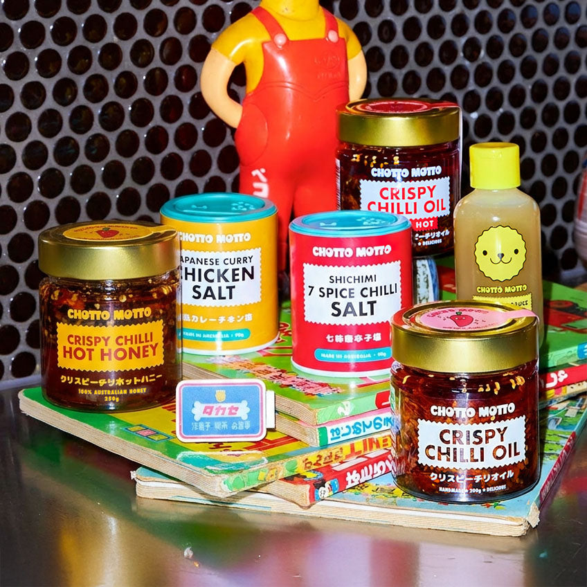 Chotto Motto Pantry Set: Crispy Chilli Oil, Extra Hot Crispy Chilli Oil, Crispy Chilli Hot Honey, Japanese Curry Chicken Salt, Shichimi 7 Spice Chilli Salt, Yuzu Hot Sauce